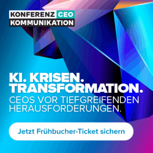 Grafik mit bunten geometrischen Formen und Text: "KI. Krisen. Transformation. CEOs vor tiefgreifenden Herausforderungen.