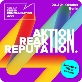 Buntes Grafikdesign für die Tagung Krisenkommunikation 2026 in Berlin mit den Worten "Aktion, Reaktion, Reputation".