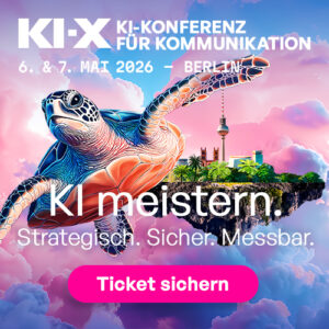 Bunte Grafik mit einer Schildkröte vor einer futuristischen Stadtlandschaft und dem Text "KI-X KI-Konferenz für Kommunik...
